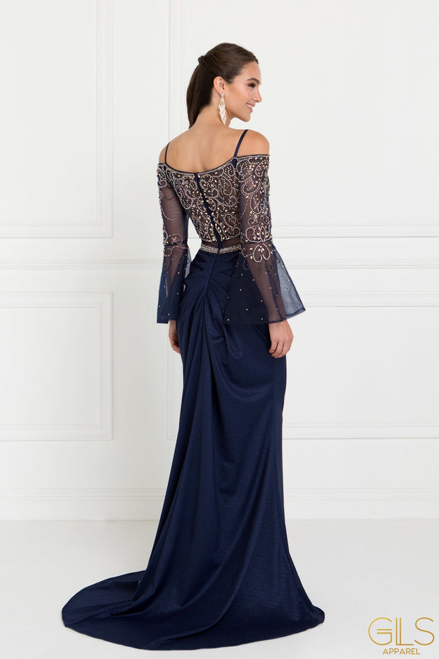 Navy Blue Long Beaded Cold Shoulder Dress by Elizabeth K-Long Formal Dresses-ABC Fashion