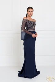 Navy Blue Long Beaded Cold Shoulder Dress by Elizabeth K-Long Formal Dresses-ABC Fashion