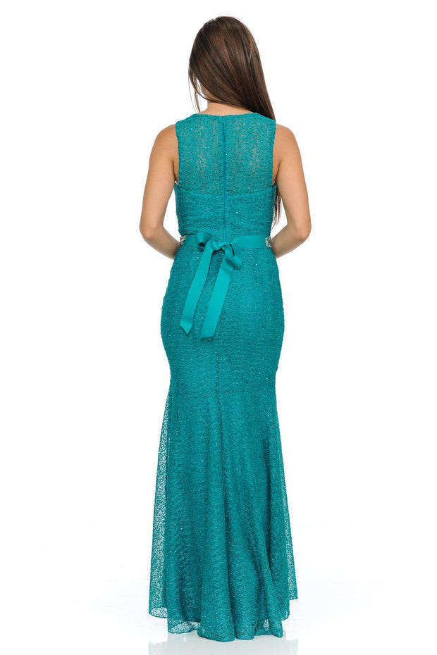 Navy Blue Long Lace Mermaid Dress with Back Bow by Lenovia-Long Formal Dresses-ABC Fashion