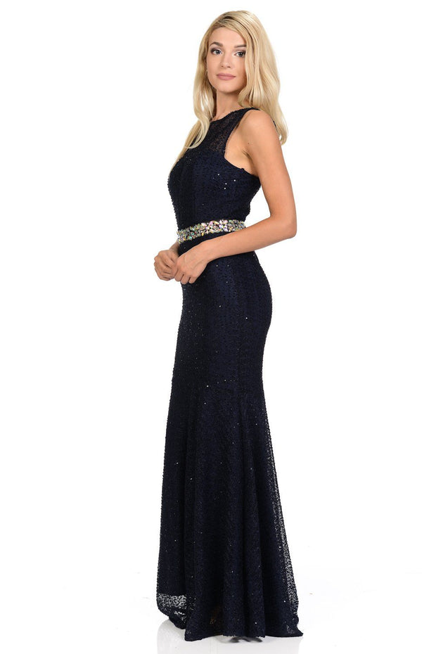 Navy Blue Long Lace Mermaid Dress with Back Bow by Lenovia-Long Formal Dresses-ABC Fashion