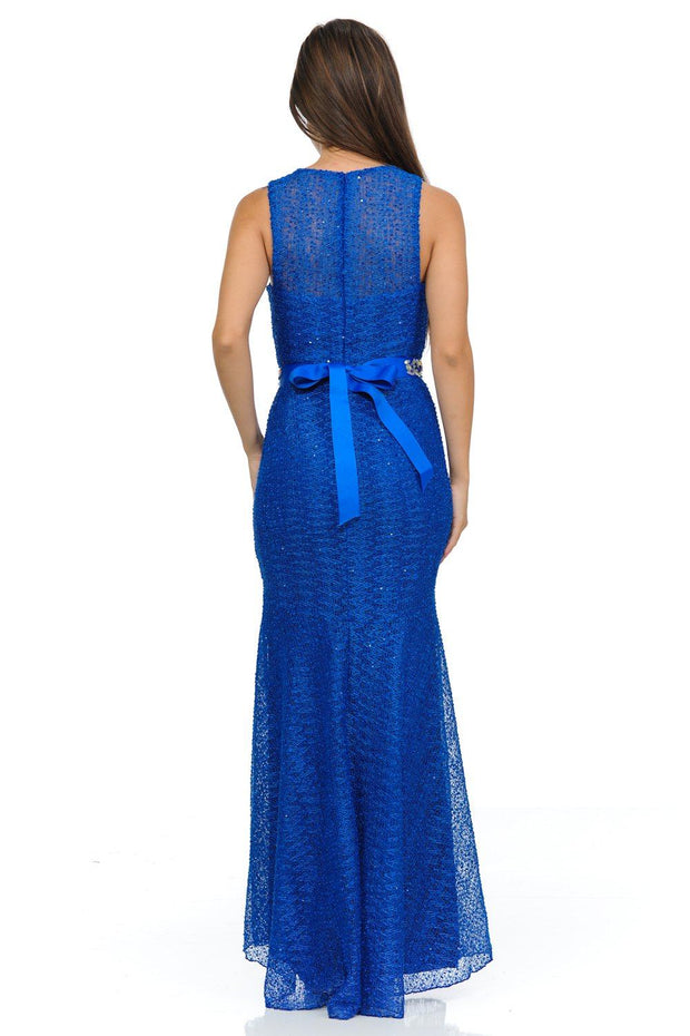 Navy Blue Long Lace Mermaid Dress with Back Bow by Lenovia-Long Formal Dresses-ABC Fashion