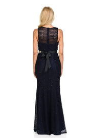 Navy Blue Long Lace Mermaid Dress with Back Bow by Lenovia-Long Formal Dresses-ABC Fashion