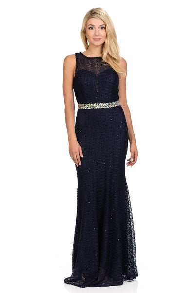 Navy Blue Long Lace Mermaid Dress with Back Bow by Lenovia-Long Formal Dresses-ABC Fashion