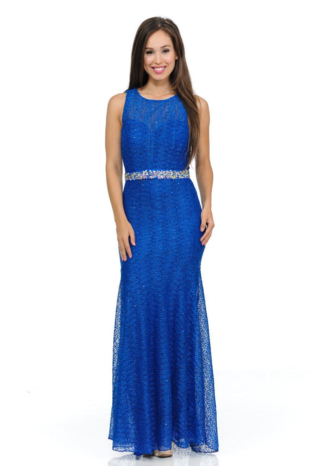 Navy Blue Long Lace Mermaid Dress with Back Bow by Lenovia-Long Formal Dresses-ABC Fashion