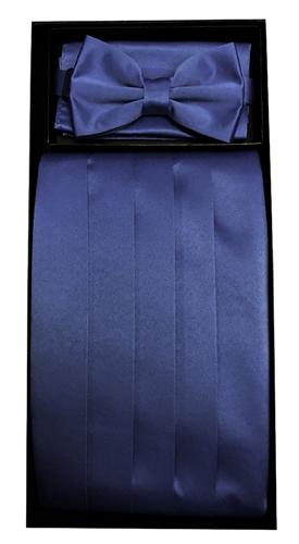 Navy Blue Poly Satin Cummerbund, Bow Tie, and Hanky Set-Men's Cummerbund-ABC Fashion