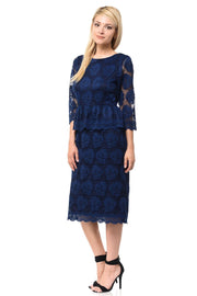 Navy Blue Short Floral Lace Dress with Sleeves by Lenovia-Short Cocktail Dresses-ABC Fashion