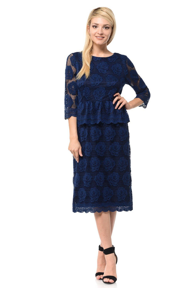 Navy Blue Short Floral Lace Dress with Sleeves by Lenovia-Short Cocktail Dresses-ABC Fashion