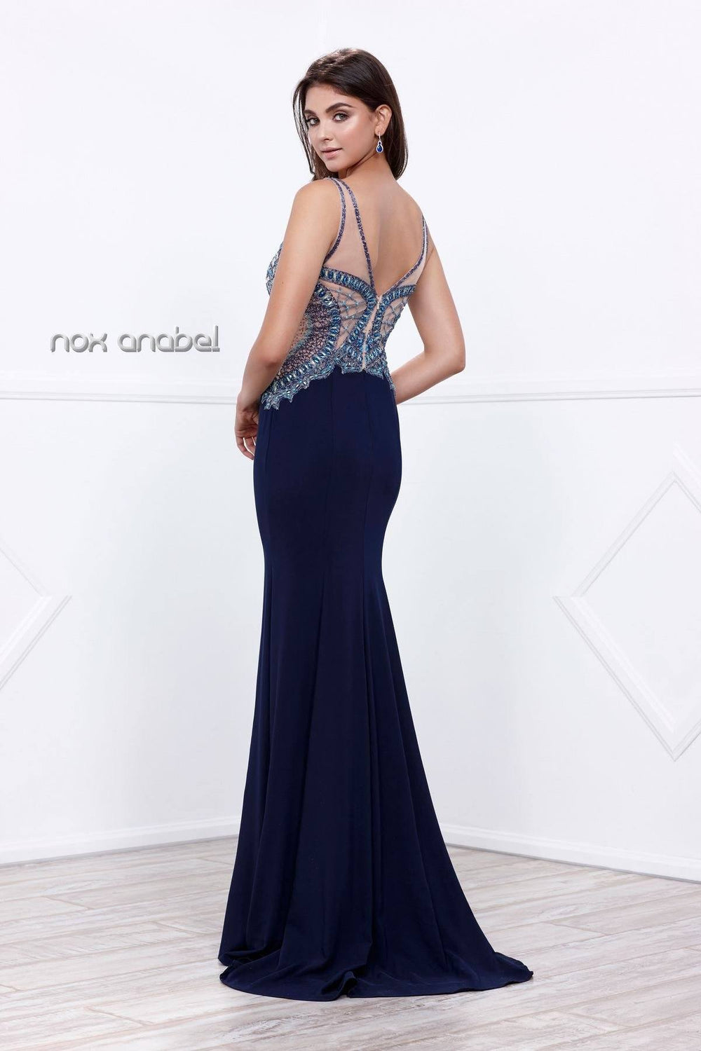 Navy Blue Sleeveless Beaded Illusion Dress by Nox Anabel 8264-Long Formal Dresses-ABC Fashion