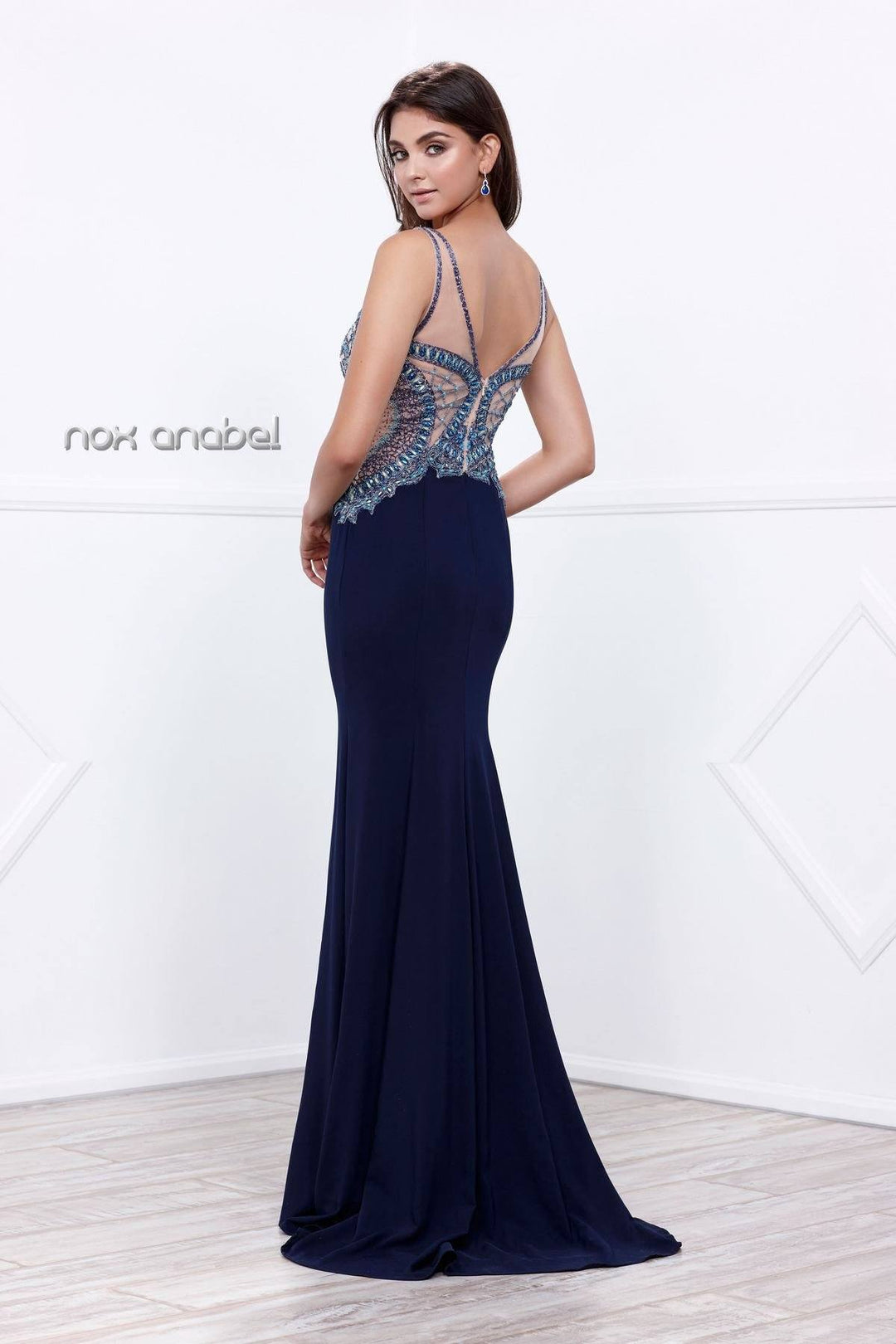 Navy Blue Sleeveless Beaded Illusion Dress by Nox Anabel 8264-Long Formal Dresses-ABC Fashion