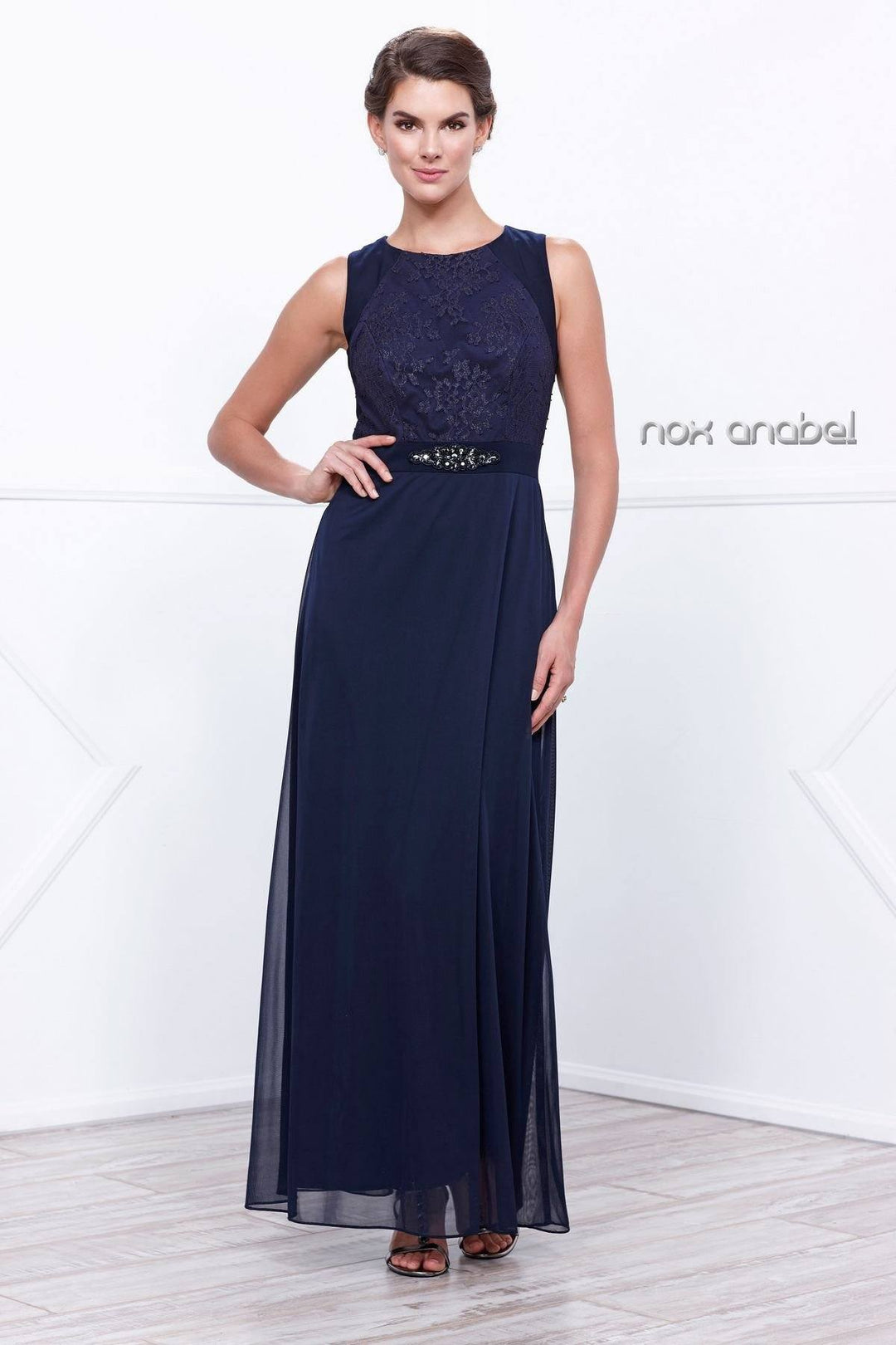 Navy Blue Sleeveless Lace Top Dress by Nox Anabel 5125-Long Formal Dresses-ABC Fashion