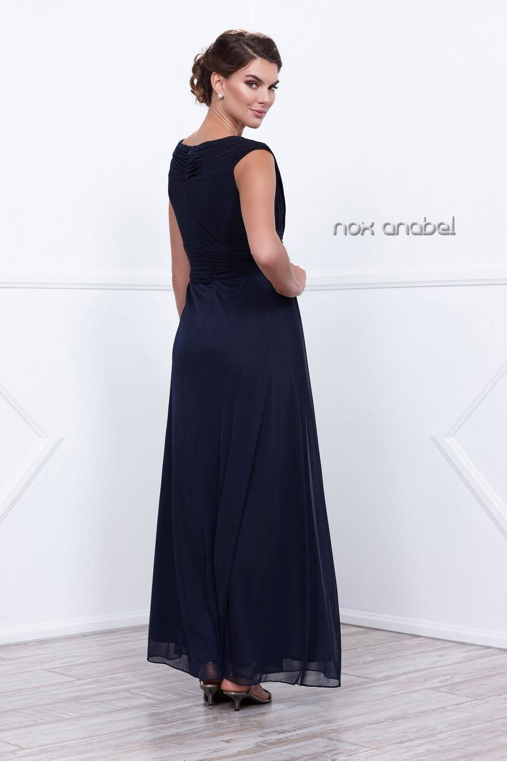 Navy Blue Sleeveless Ruched Bodice Dress by Nox Anabel 5120-Long Formal Dresses-ABC Fashion