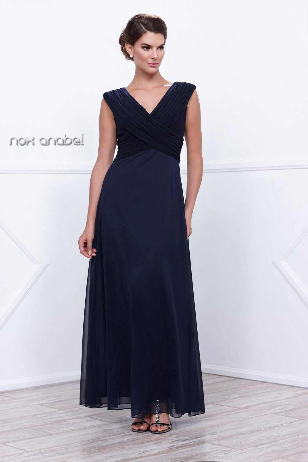Navy Blue Sleeveless Ruched Bodice Dress by Nox Anabel 5120-Long Formal Dresses-ABC Fashion