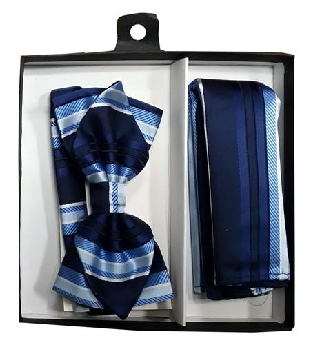 Navy Blue Striped Bow Tie with Pocket Square (Pointed Tip)-Men's Bow Ties-ABC Fashion