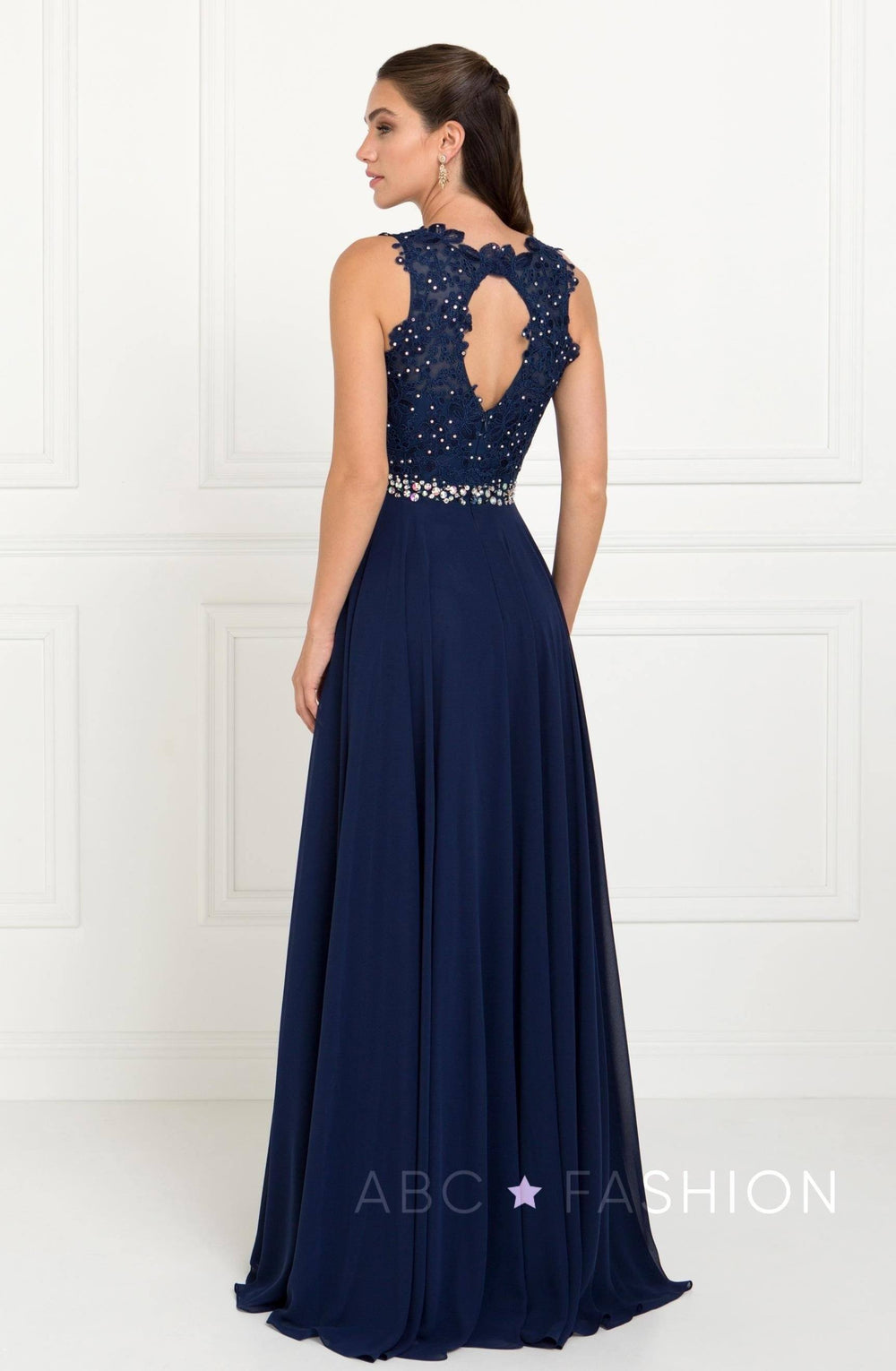Navy Long Lace Appliqued Chiffon Dress by Elizabeth K GL2417-Long Formal Dresses-ABC Fashion