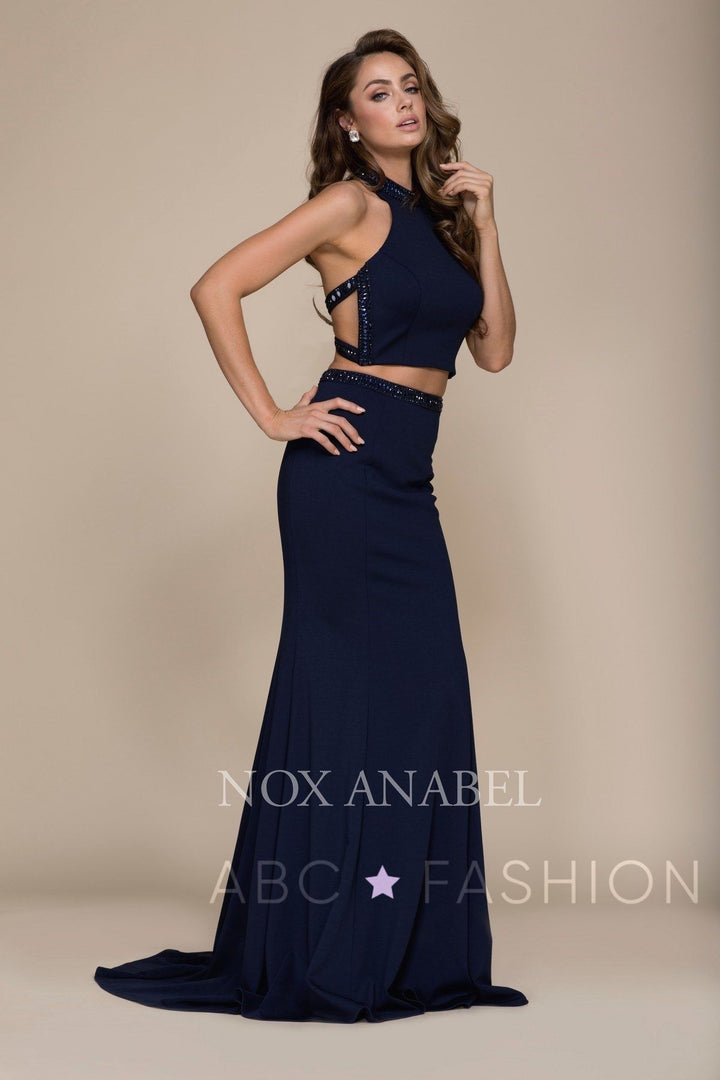 Navy Long Two-Piece Dress with Strappy Back by Nox Anabel A047-Long Formal Dresses-ABC Fashion