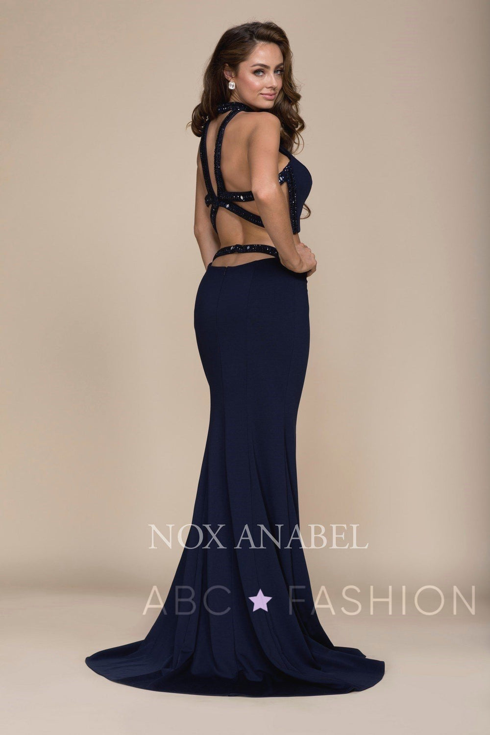 Navy Long Two-Piece Dress with Strappy Back by Nox Anabel A047-Long Formal Dresses-ABC Fashion