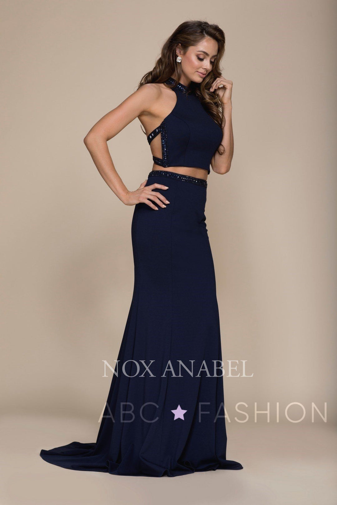 Navy Long Two-Piece Dress with Strappy Back by Nox Anabel A047-Long Formal Dresses-ABC Fashion