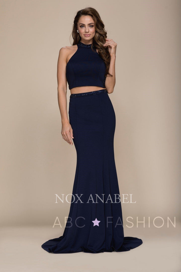 Navy Long Two-Piece Dress with Strappy Back by Nox Anabel A047-Long Formal Dresses-ABC Fashion