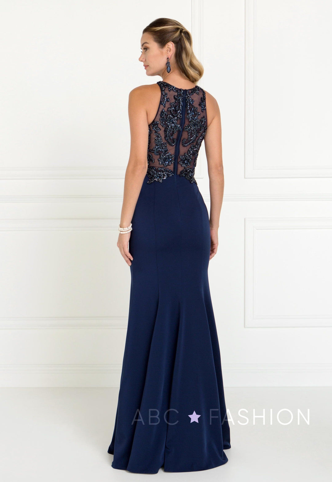 Navy Mermaid Gown with Beaded Illusion Bodice by Elizabeth K GL1568-Long Formal Dresses-ABC Fashion