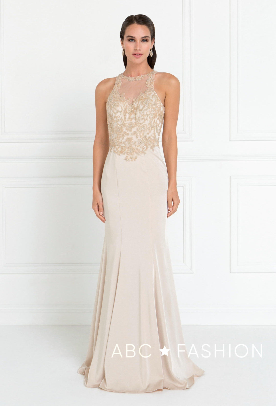 Navy Mermaid Gown with Beaded Illusion Bodice by Elizabeth K GL1568-Long Formal Dresses-ABC Fashion