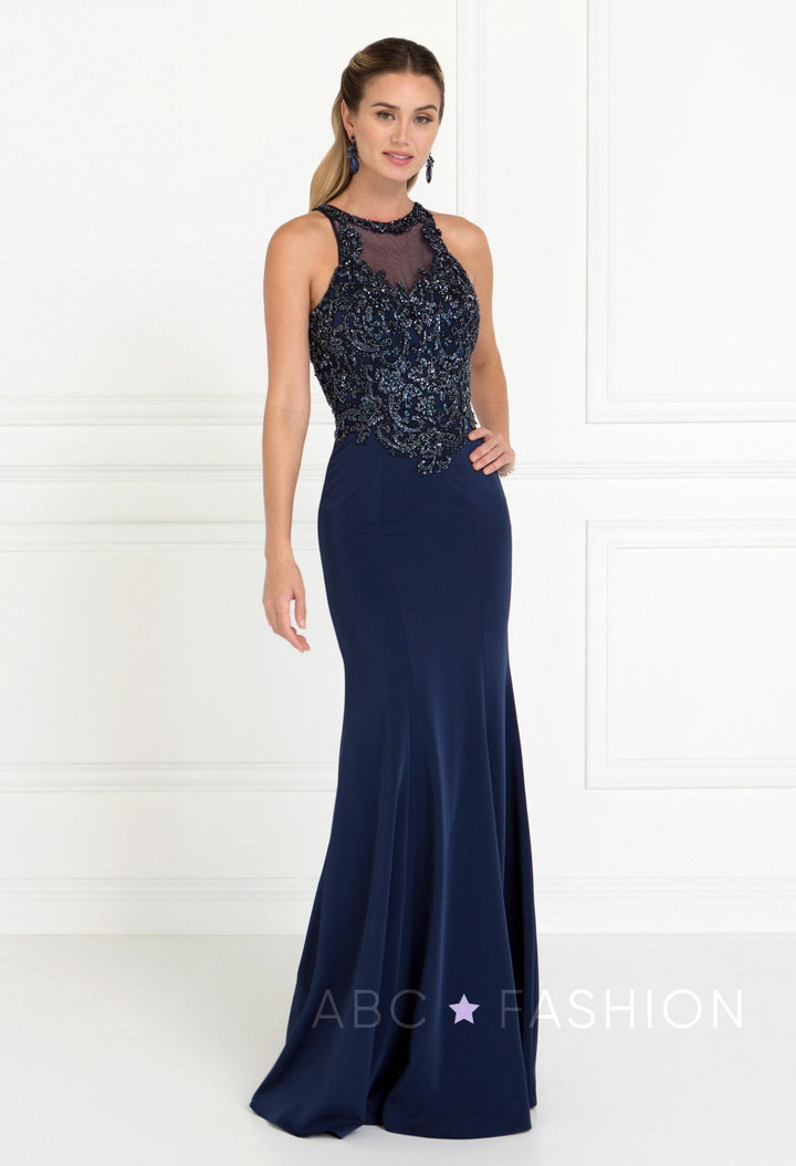 Navy Mermaid Gown with Beaded Illusion Bodice by Elizabeth K GL1568-Long Formal Dresses-ABC Fashion