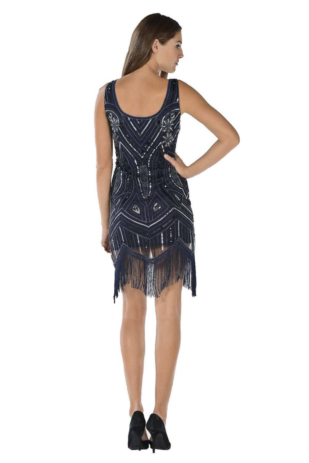 Navy Short Sequined Flapper Fringe Dress by Poly USA-Short Cocktail Dresses-ABC Fashion