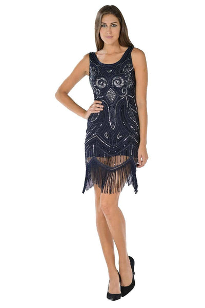 Navy Short Sequined Flapper Fringe Dress by Poly USA-Short Cocktail Dresses-ABC Fashion