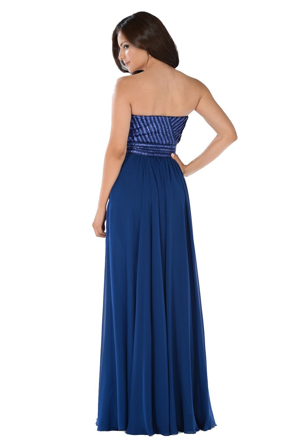 Navy Strapless Sweetheart Gown with Sequined Top by Poly USA-Long Formal Dresses-ABC Fashion