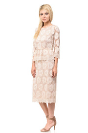 Nude Short Floral Lace Dress with Sleeves by Lenovia-Short Cocktail Dresses-ABC Fashion