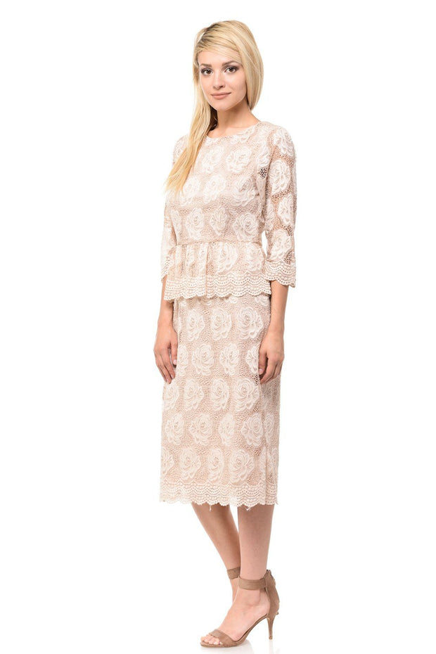 Nude Short Floral Lace Dress with Sleeves by Lenovia-Short Cocktail Dresses-ABC Fashion