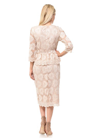 Nude Short Floral Lace Dress with Sleeves by Lenovia-Short Cocktail Dresses-ABC Fashion
