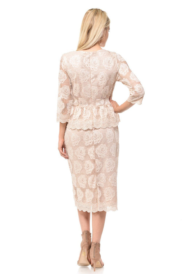 Nude Short Floral Lace Dress with Sleeves by Lenovia-Short Cocktail Dresses-ABC Fashion