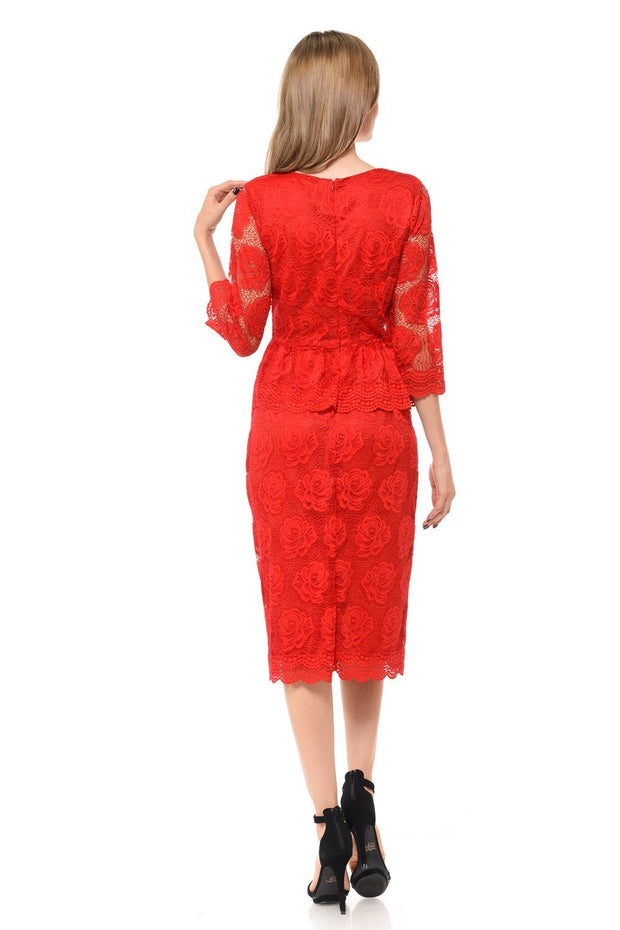 Nude Short Floral Lace Dress with Sleeves by Lenovia-Short Cocktail Dresses-ABC Fashion