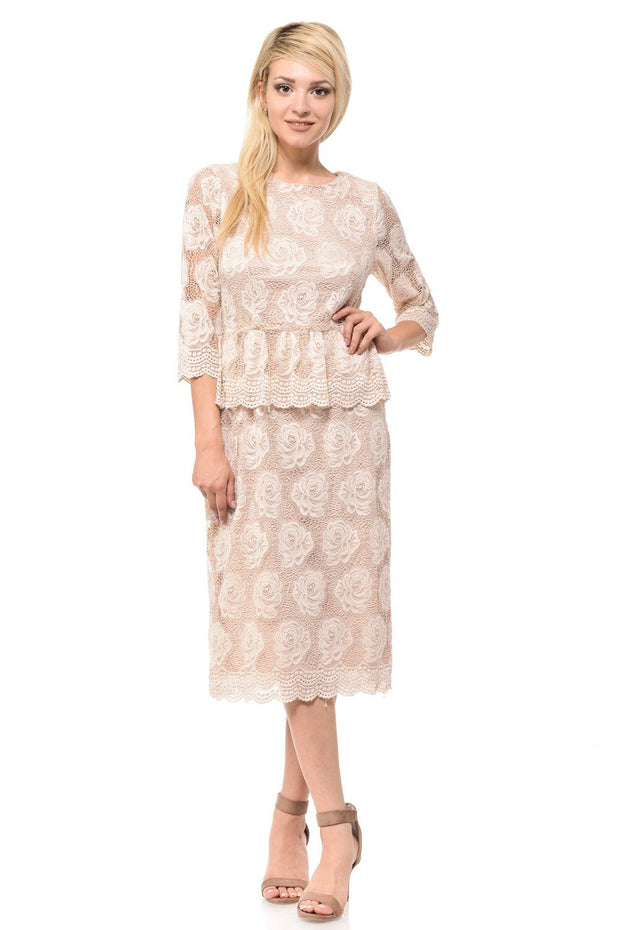 Nude Short Floral Lace Dress with Sleeves by Lenovia-Short Cocktail Dresses-ABC Fashion