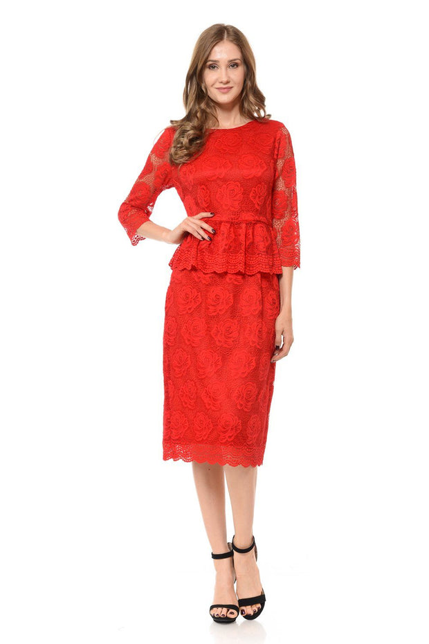 Nude Short Floral Lace Dress with Sleeves by Lenovia-Short Cocktail Dresses-ABC Fashion