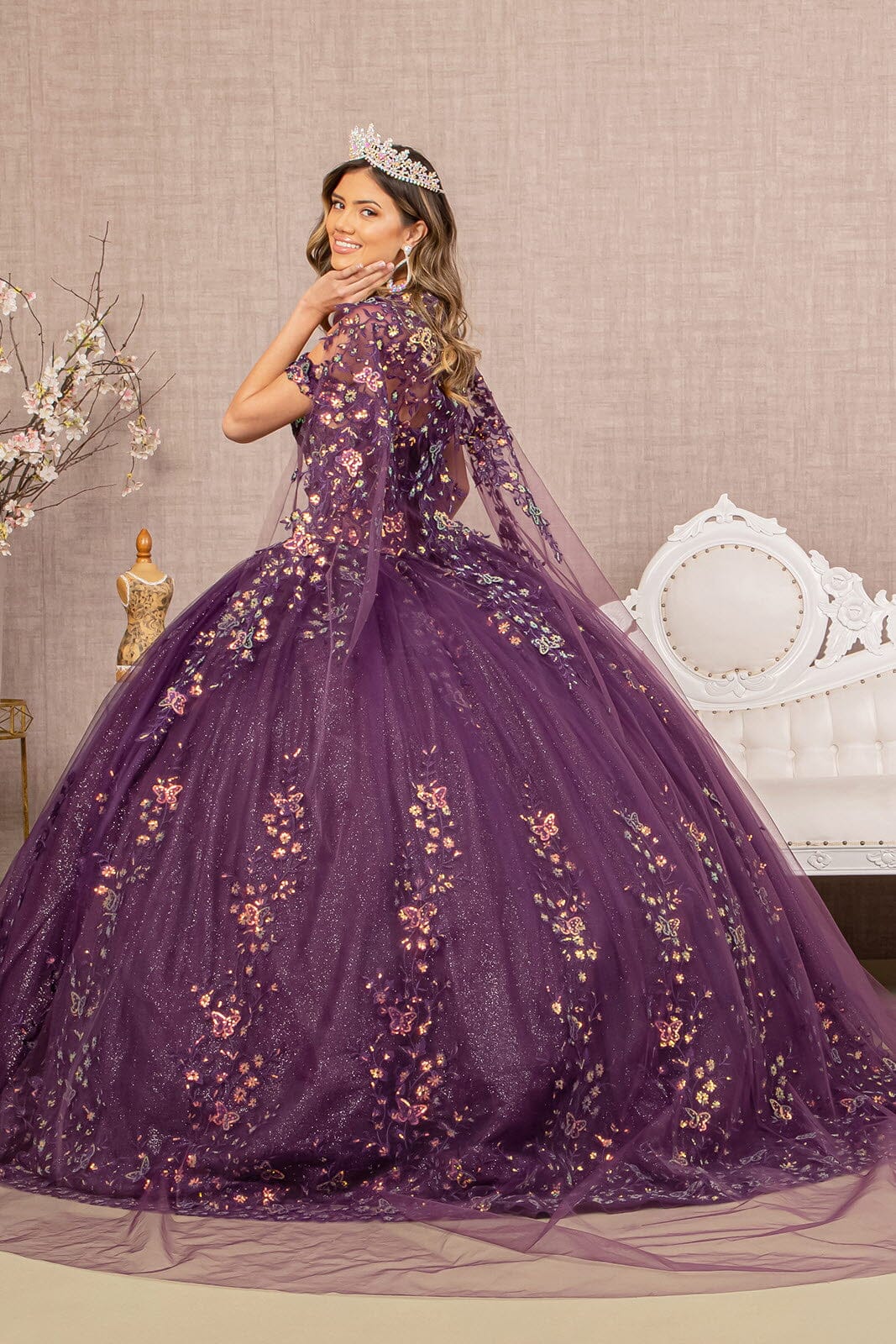 Off Shoulder Cape Ball Gown by Elizabeth K GL3171 M Purple