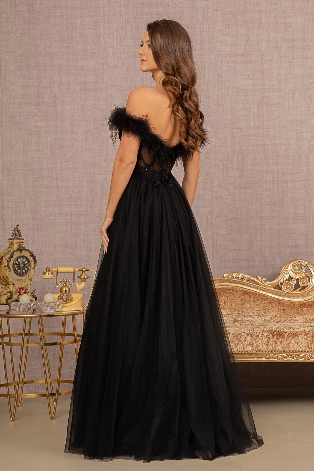 feather a line dress Off Shoulder Feather A-line Gown by GLS Gloria GL3138 Blush / XL