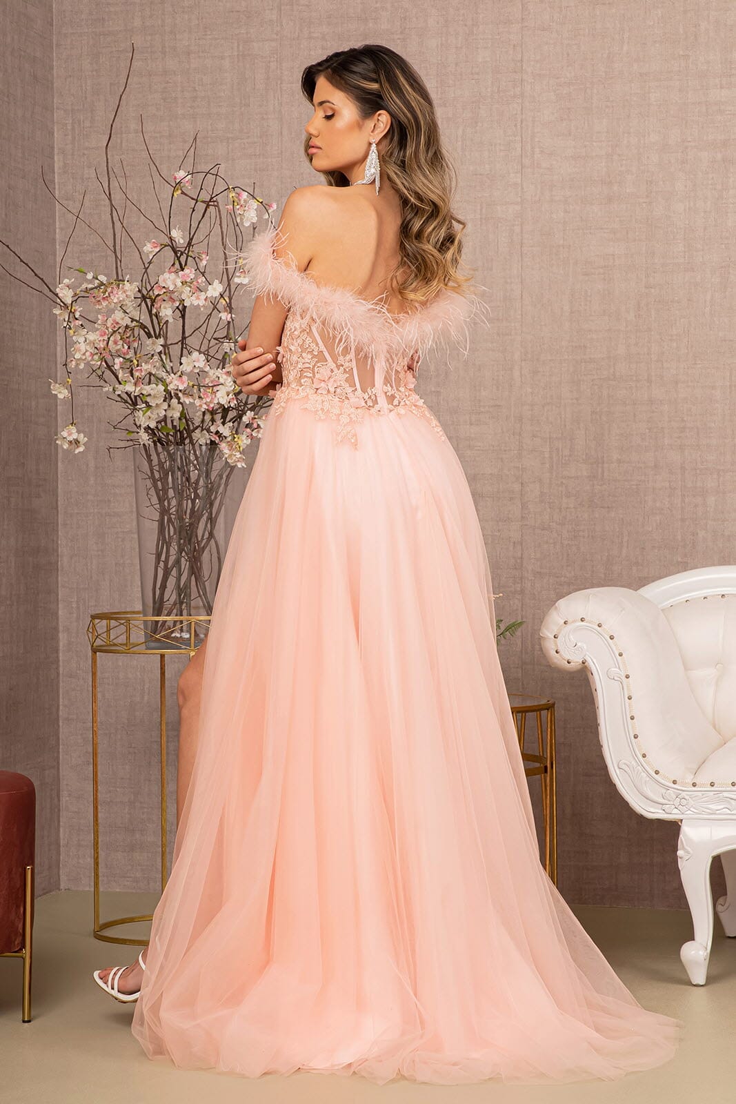 Off Shoulder Feather A-line Gown by GLS Gloria GL3138 XS / Black Off Shoulder Feather A-line Gown by GLS Gloria GL3138 XS / Black