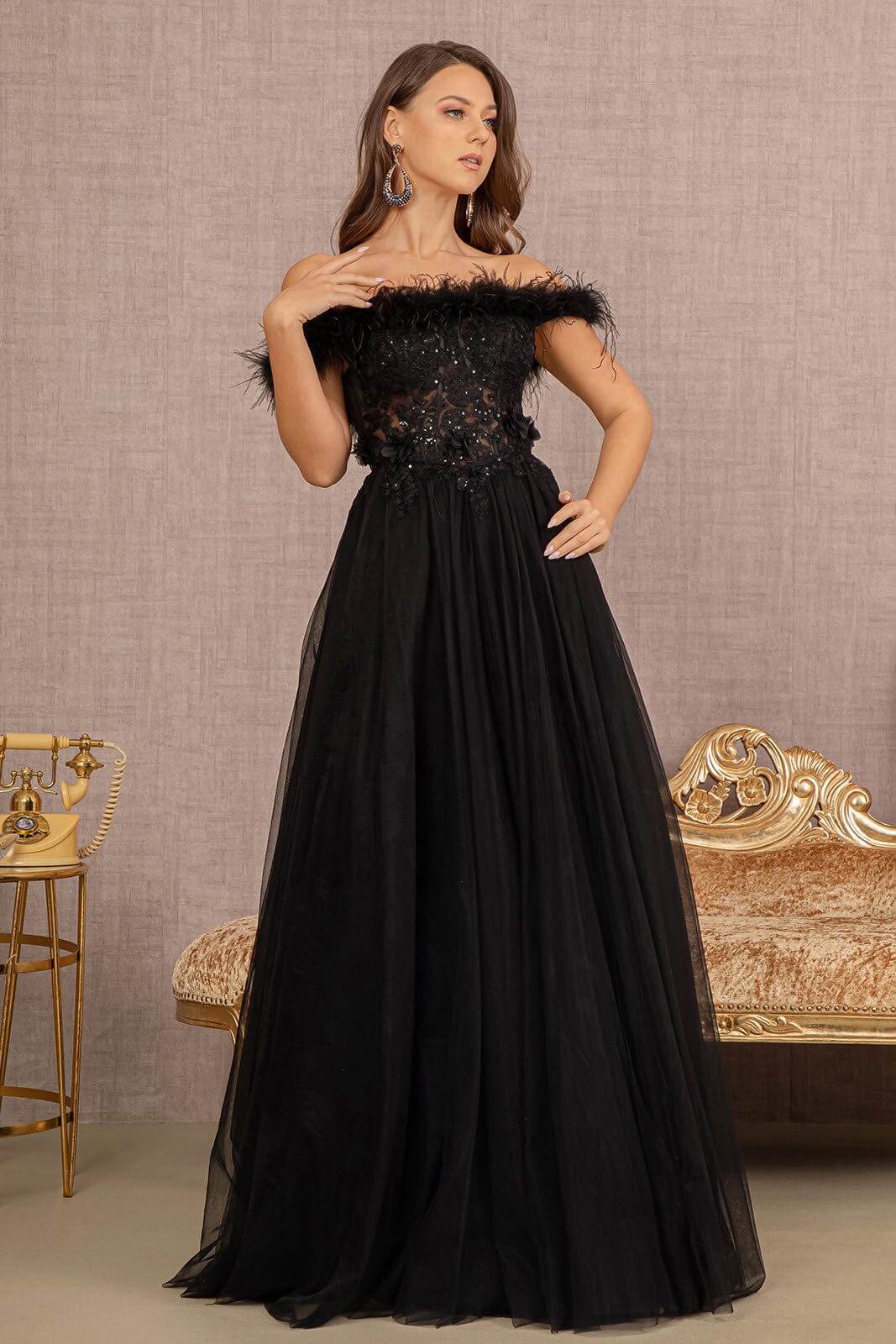 Off Shoulder Feather A-line Gown by GLS Gloria GL3138