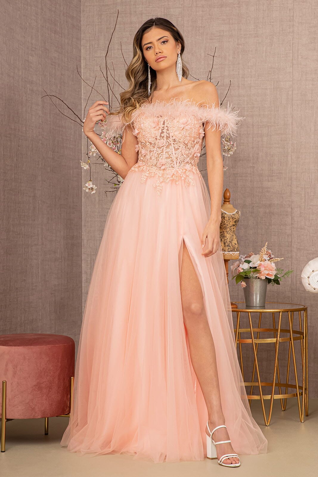 feather a line dress Off Shoulder Feather A-line Gown by GLS Gloria GL3138 Blush / XL