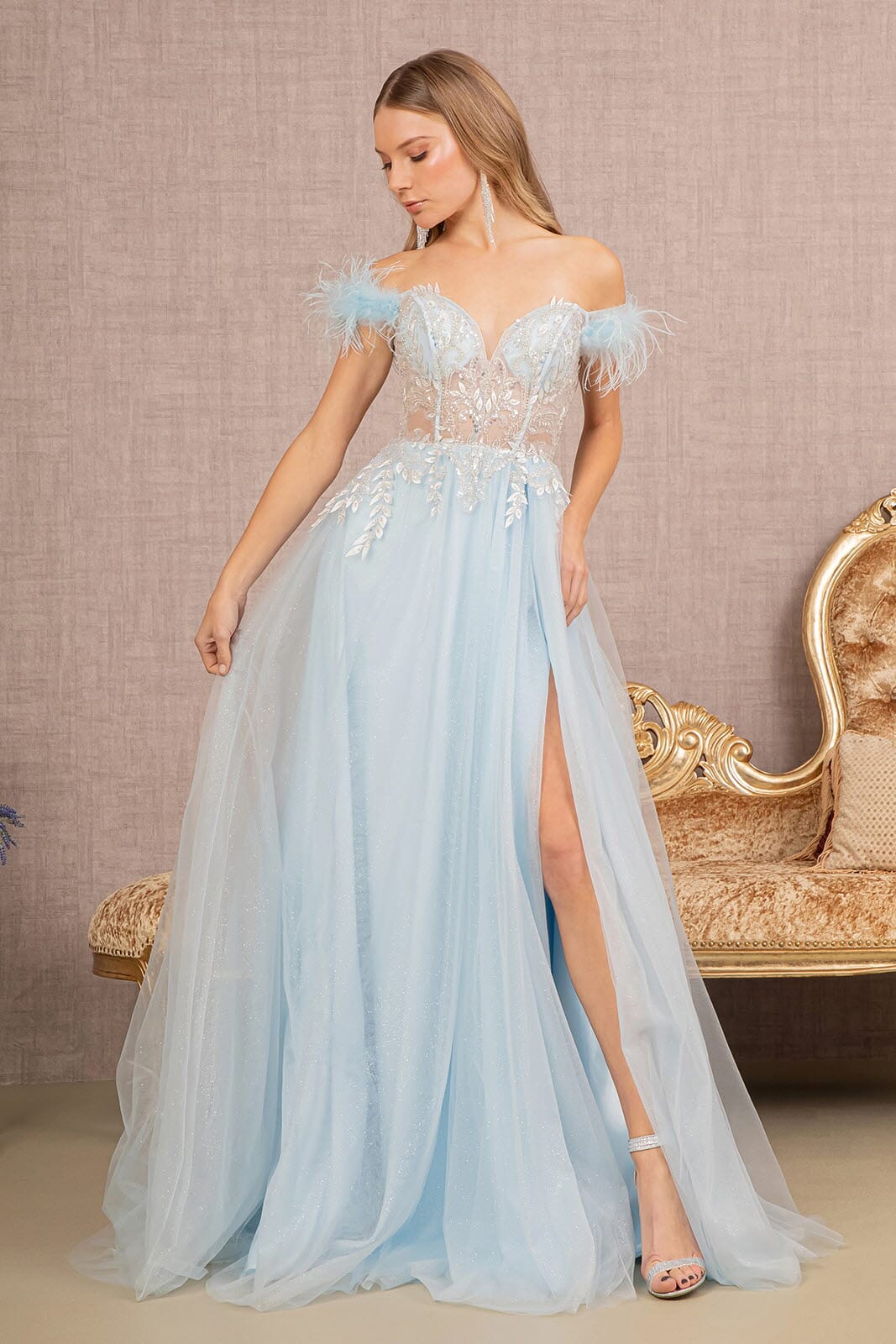 Light Blue Color Combination Dress Off Shoulder Feather Slit Gown By GLS Gloria GL3135 M Baby Light Blue Color Combination Dress Off Shoulder Feather Slit Gown By GLS Gloria GL3135 M Baby