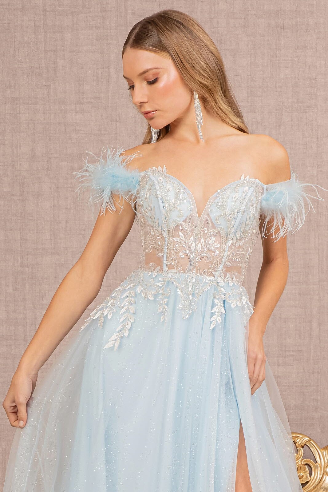 Off Shoulder Feather Slit Gown by GLS Gloria GL3135
