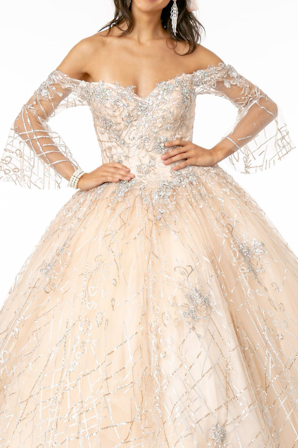 Off Shoulder Glitter Ball Gown with Bell Sleeves by Elizabeth K GL2911-Quinceanera Dresses-ABC Fashion