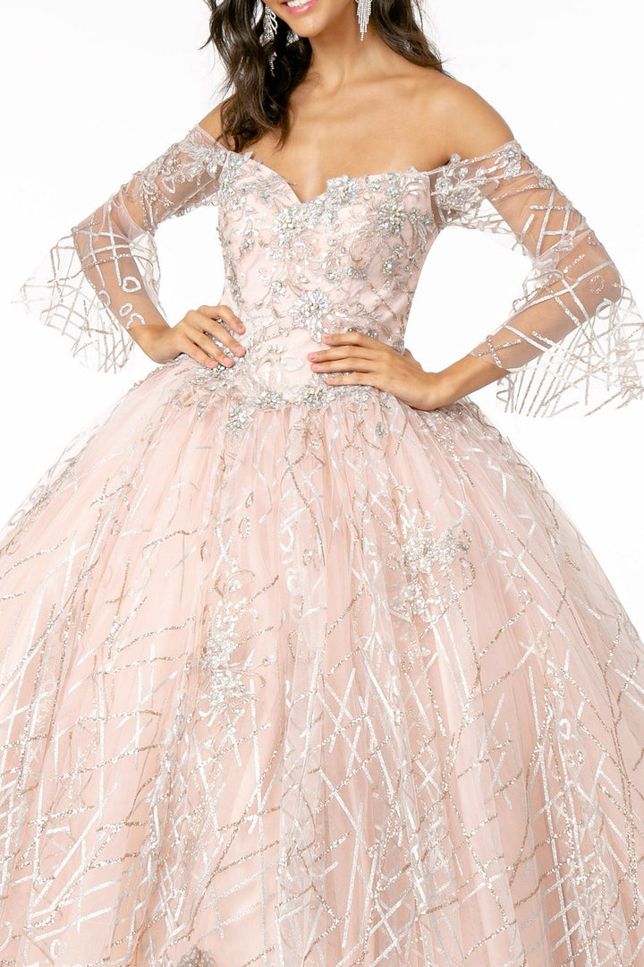 Off Shoulder Glitter Ball Gown with Bell Sleeves by Elizabeth K GL2911-Quinceanera Dresses-ABC Fashion