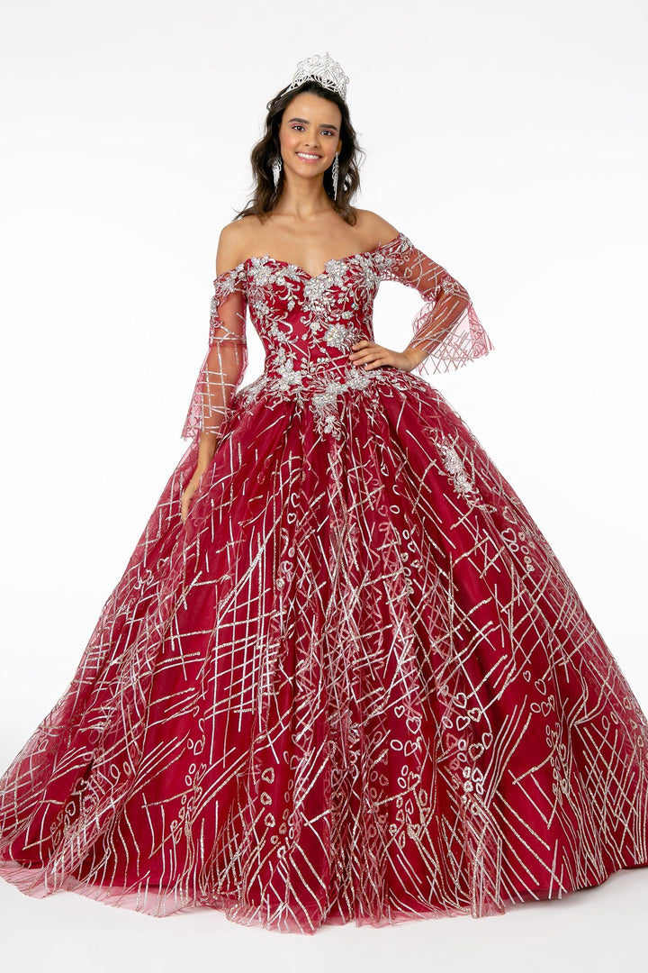 Off Shoulder Glitter Ball Gown with Bell Sleeves by Elizabeth K GL2911-Quinceanera Dresses-ABC Fashion