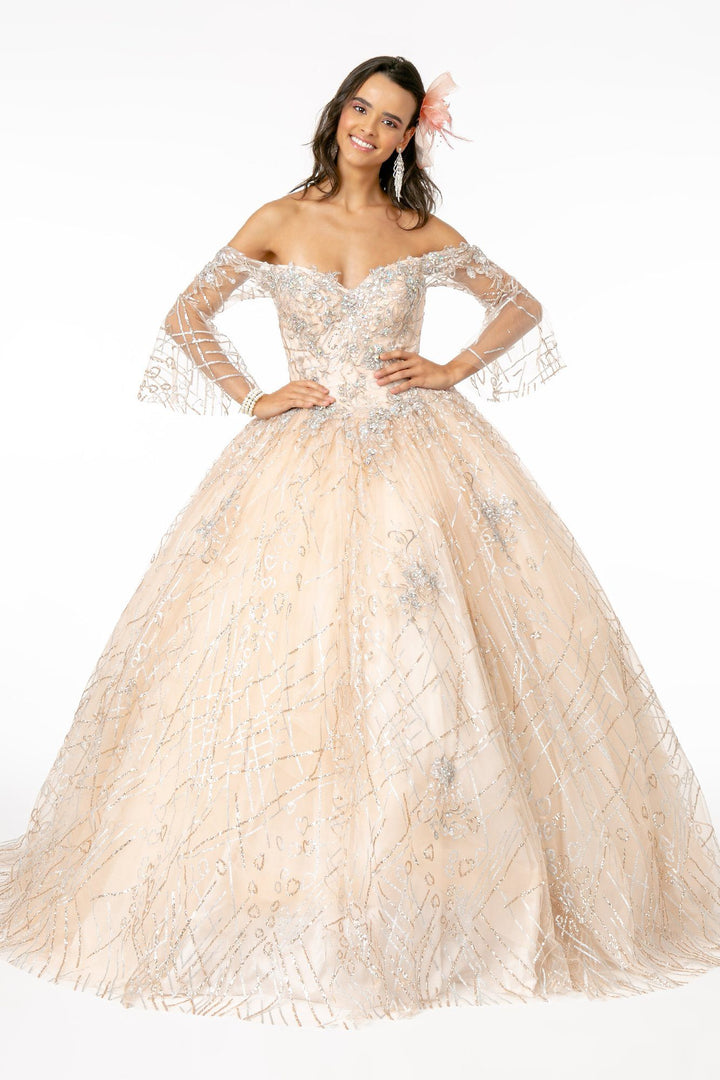 Off Shoulder Glitter Ball Gown with Bell Sleeves by Elizabeth K GL2911-Quinceanera Dresses-ABC Fashion