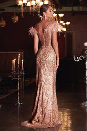 Off Shoulder Glitter Print Gown by Cinderella Divine J824