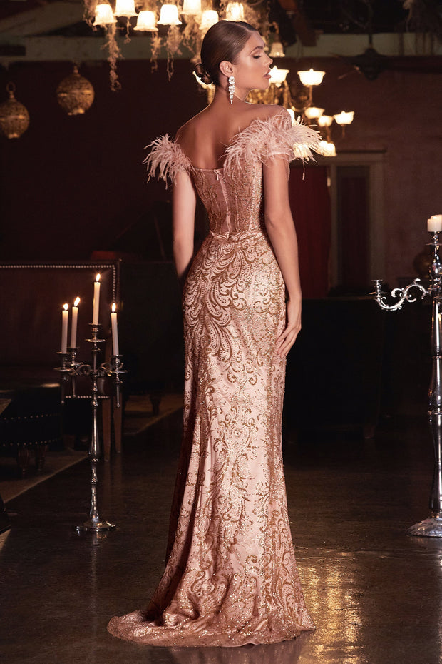Off Shoulder Glitter Print Gown by Cinderella Divine J824
