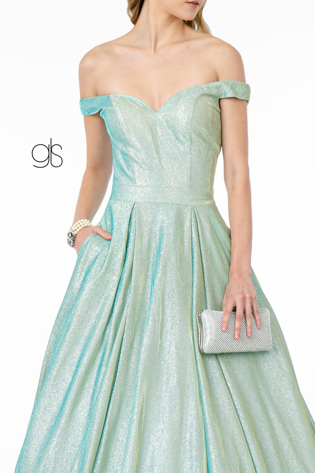 Off Shoulder Long Iridescent Glitter Dress by Elizabeth K GL2904