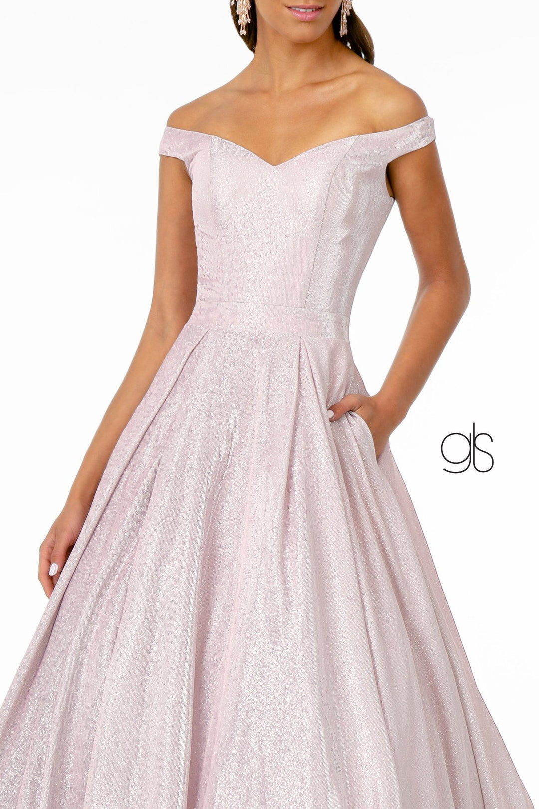 Off Shoulder Long Iridescent Glitter Dress by Elizabeth K GL2904